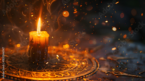close-up candlestick glowing on magic rune board