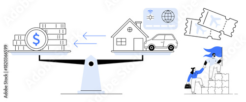 Scale balancing money with assets thumbs up a car, house, and travel items, illustrating decision-making, resource allocation, and priorities in goals. Ideal for finance, savings, budget planning