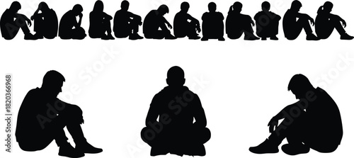 Silhouette people sitting on ground in various poses, thoughtful figures, relaxed positions, group sitting illustration for concept art and design
