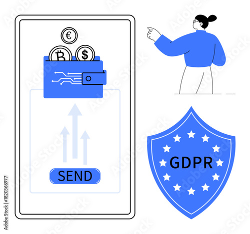 Digital wallet sending cryptocurrency via mobile app, GDPR security shield ensuring user data protection, and person pointing towards concepts. Ideal for finance, privacy, security, digital