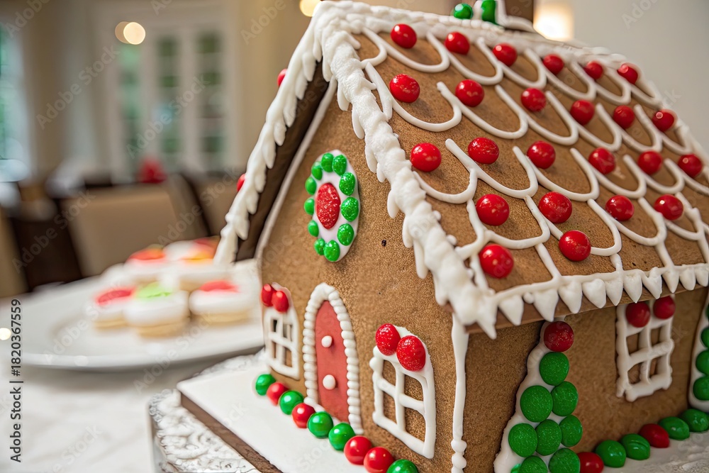 Obraz premium Festive gingerbread house decorated with colorful icing and candies, capturing the sweet spirit of holiday traditions