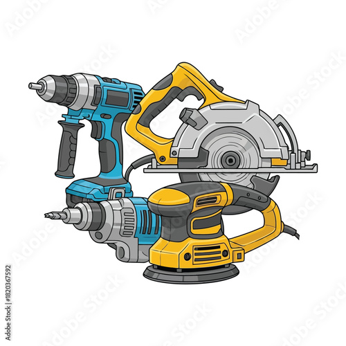 Blue and yellow power tools drill circular saw sander