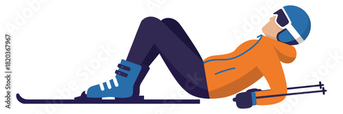 Skier on Snow Vector – Person Wearing Goggles and Ski Gear, Lying on Skis Taking a Break, Vibrant Orange and Blue Outfit, Flat Winter Sports Illustration