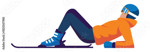 Skier Taking Break Vector – Flat Illustration of Person in Goggles and Ski Gear, Lying on Snow, Vibrant Orange and Blue Outfit, Winter Recreation Graphic