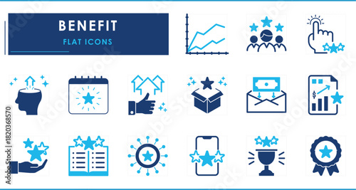 A set of flat icons related to Benefit. Bonus, award, star, increase, growth, advantages, gift, graph, trophy, and so on.
