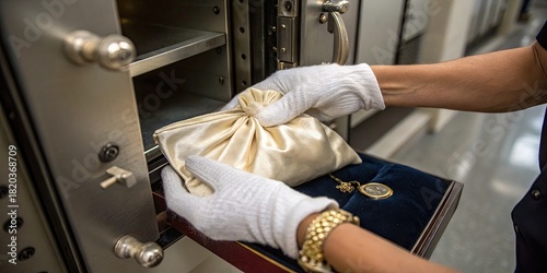 A close-up of gloved hands carefully placing a satin pouch of family heirlooms into a secure bank safe deposit box