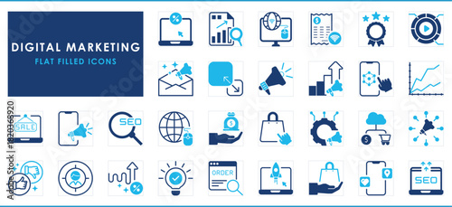 A set of flat icons related to Digital Marketing.