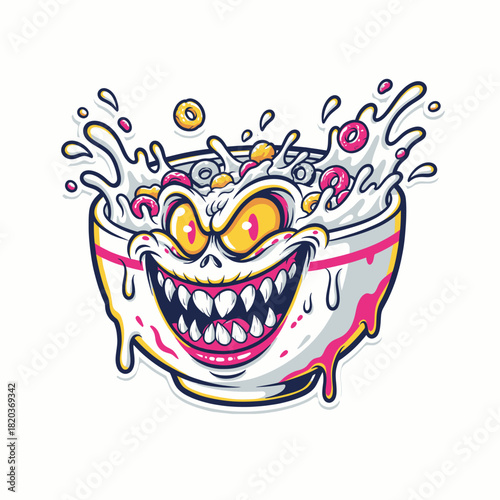 Cartoon Skeleton Punk Rocker Holding Spoon and Drink - Funny Cereal Bowl Character with Spilled Milk and Whimsical Eyes