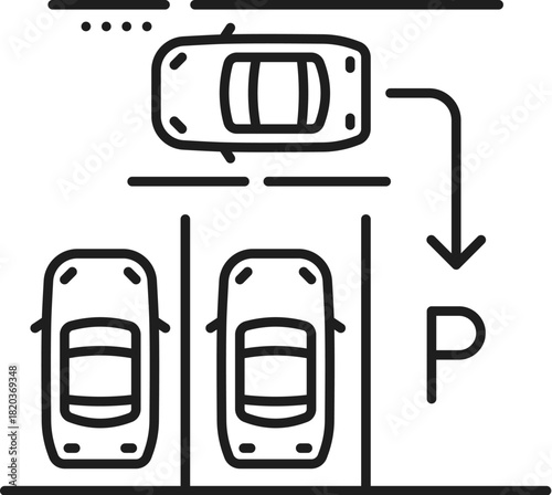 Driving school icon of vehicle back in parking training for drive education, vector pictogram. Driving school line icon of car maneuver in parking lot for driver training and driving test examination
