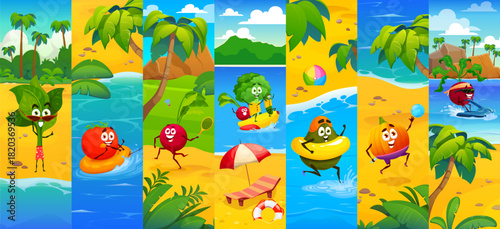 Cartoon vegetable characters on summer vacation, funny collage. Avocado, pumpkin, tomato, beetroot, broccoli, radish and spinach relax at beach. Vector veggies play, swim and surf in tropical paradise