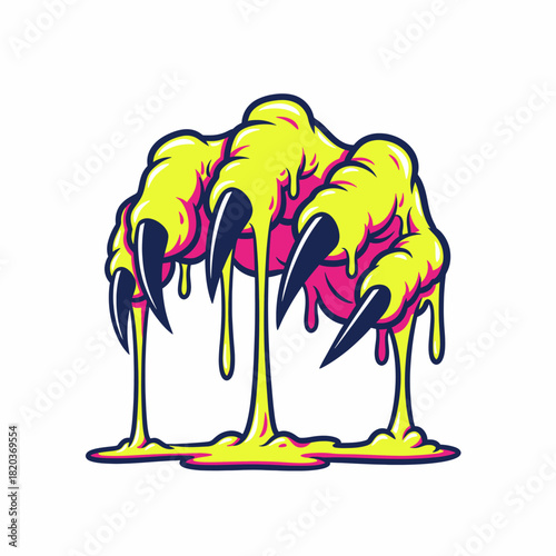 Illustration of a Dripping Yellow Monster Claw, Scary, Ominous, Horror, Gloomy, Spooky, Eerie, Mysterious, and Menacing Hand