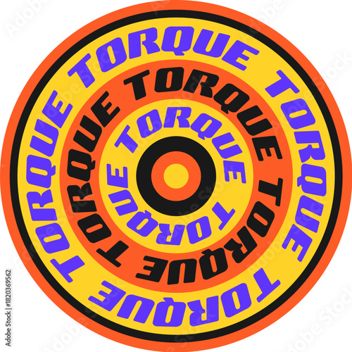 Car motor race motorsport Y2K retro sticker or symbol. Formula 1 motorsport retro vector sticker, rally grand prix tag. Drag race championship Y2K label with torque word colorful typography in circle