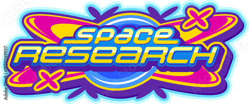 Space research and astronomy Y2K retro icon or sign. Galaxy outerspace travel vintage vector icon, cosmos discovery Y2K sign. Space exploration symbol or emblem with shiny golden typography text