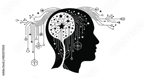 Abstract digital brain with circuit connections symbolizing artificial intelligence and human thought