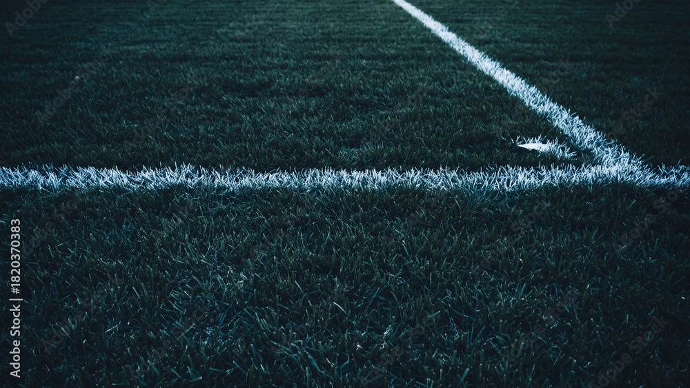 Obraz premium Close-up view of white lines on a dark green sports field, possibly artificial turf, showing a corner.