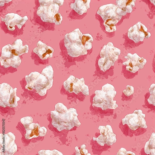 Image of textured popcorn on a pink background, perfect for backgrounds, packaging and desserts, seamless pattern