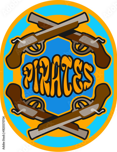 Pirate pistols retro Y2K sticker or label. Corsair treasure hunting retro tag, piracy and marine Y2K vector patch. Pirate nautical vintage label or sticker with crossed flintlock pistols firearm