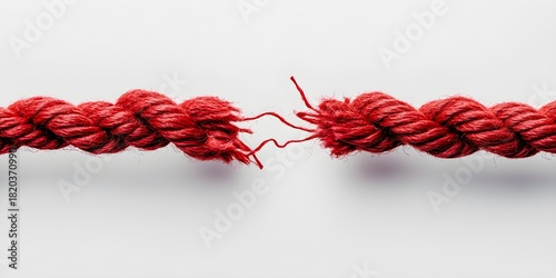Red rope frayed and almost broken in the middle on white background