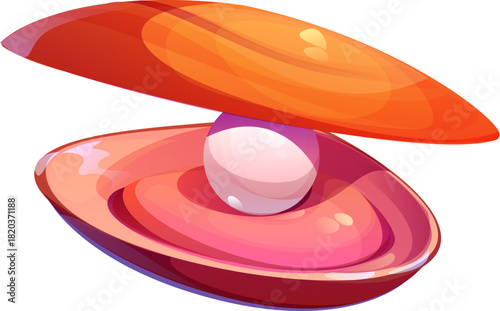 Cartoon marine open pearl shell or mollusk scallop. Underwater life valuable oyster isolated vector clam, marine jewelry pearl shell. Sea bottom rare seashell or ocean nature precious scallop mollusk