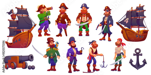 Cartoon pirate corsair characters and sail ships, cannon and anchor. Vector nautical set of adventurous personages for storytelling, games or children books. Playful and whimsical sailors and captains
