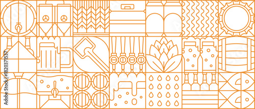 Beer production and brewing process geometric pattern with beer barrel, mug and bottle, hop and grains, brewing equipment and tap handles. Vector linear retro grid background with brewery elements