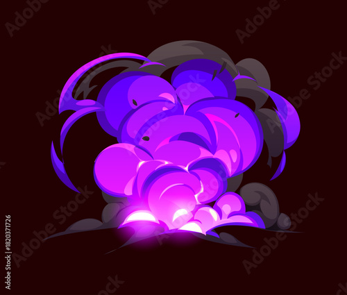 Cartoon bomb explosion, magic smoke of boom explode with clouds, vector effect. Explosive burst of TNT bomb or energy outburst with clouds blast in cartoon effect with neon light of magic smoke
