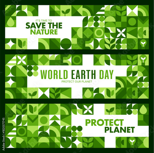 Save Nature and World Earth Day banners with geometric pattern, vector backgrounds. Protect Planet nature banners for environment conservation or ecology protection of green geometric patterns