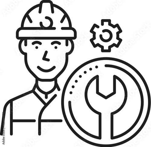 Railroad railway icon of train and subway technician worker, vector line pictogram. Railroad and railway symbol of technician engineer man for tram or metro train technical work maintenance service