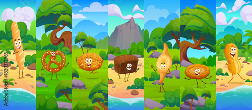 Cartoon bread and bakery characters collage. Cute pastry snack personages on summer nature. Baguette, pretzel and cookie pastries with smiling faces happily dancing at forest and mountain landscapes