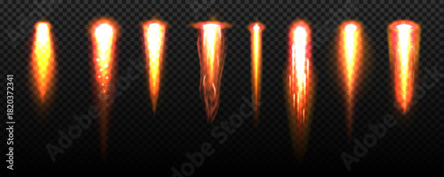 Rocket fire flame trails, flare energy rays and plasma beam explosion, spacecraft startup launch blaze. Isolated 3d vector set of realistic space jet, or shuttle straight, fiery streams, force power