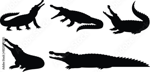 Set of crocodile silhouettes, black alligator vector illustration, dangerous wild reptile collection, isolated predator animals on white background.