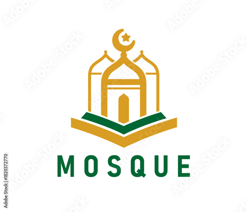 Arabian muslim mosque graphic icon or emblem. Islamic culture center symbol, Muslim Quran school vector emblem. Islam religion library icon or sign with crescent and star, minaret and opened book