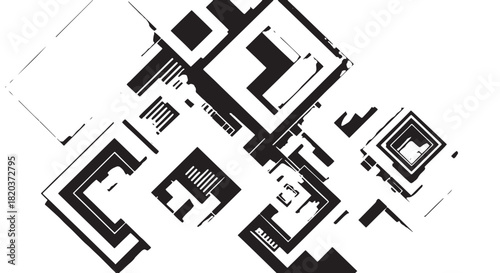 Abstract geometric composition of black and white squares and lines with overlapping patterns.