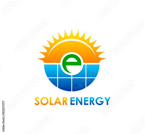 Solar sustainable energy panel icon or symbol. Clean electricity industry symbol, solar power service vector emblem. Renewable energy company label or icon with sun beam and solar panel cells