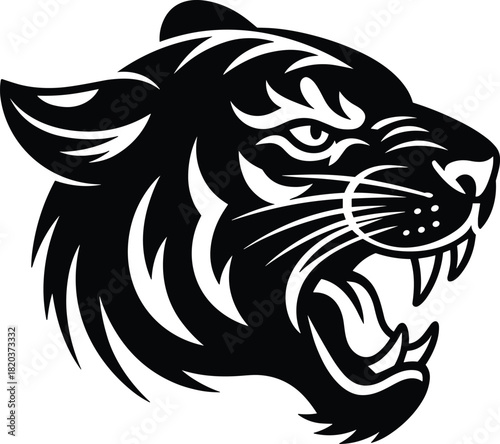 Black and white tiger head silhouette, roaring big cat vector illustration, aggressive animal mascot logo design, wild tattoo style art.