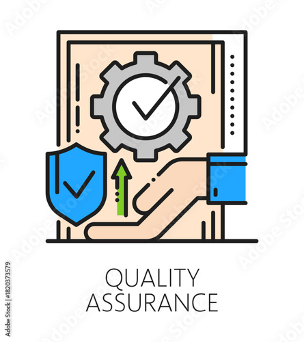Quality assurance and inspection icon or pictogram. Product quality certification icon, factory regulation color line vector symbol. Regulatory inspection pictogram with document, shield and cogwheel