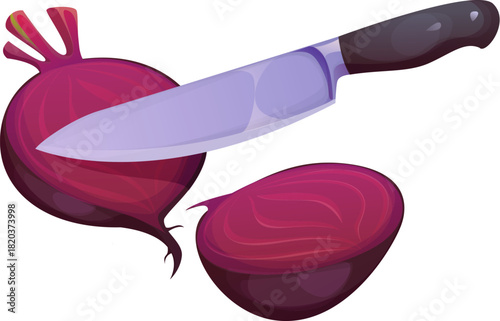 Cartoon knife slicing through raw beet showcasing food cooking process. Isolated vector kitchen preparation scene with ripe beetroot vegetable and sharp chef blade for recipe books or healthy eating