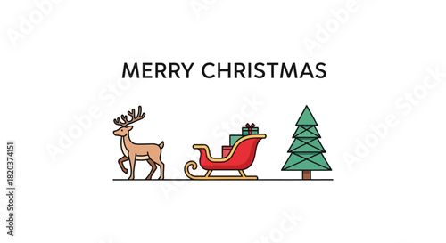 Simple flat illustration of a reindeer, Santa's sleigh with gifts and Christmas tree