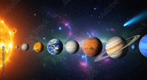 Solar system with all eight planets in alignment, featuring the sun, mercury, venus, earth, mars, jupiter, saturn, uranus, neptune, and a comet in deep space, illustrating cosmic wonders.