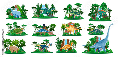 Prehistoric dinosaurs, reptiles and lizards with dino animals, cartoon vector characters. Dinosaurs set of Jurassic era, reptiles and lizard species for kids dino encyclopedia or paleontology atlas