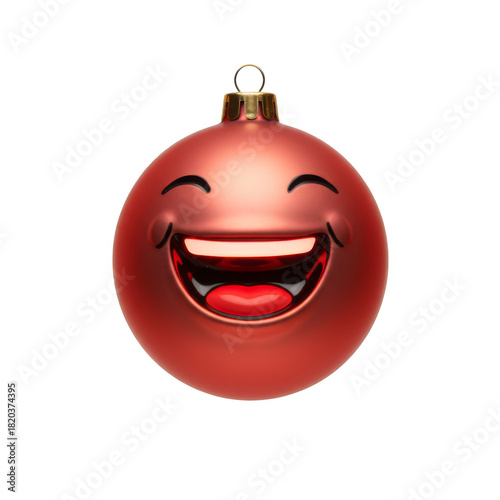 Red Christmas Ornament with Laughing Face on Transparent Background