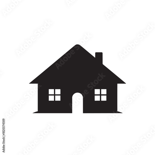 Minimalist black house silhouette icon representing a simple dwelling and home architecture.