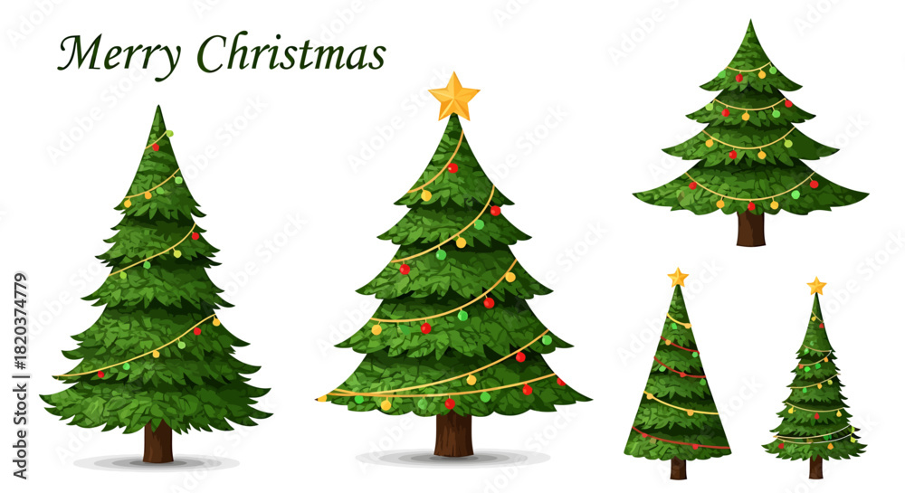 Fototapeta premium Five Christmas Trees with Lights and Ornaments