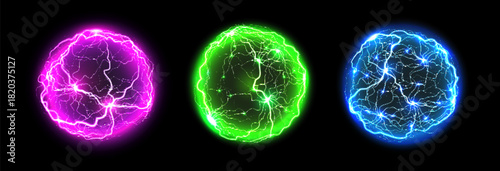 3d magic ball plasma spheres with pink, green and blue neon glow and with electric lightning waves inside. Vector orbs feature neon light bursts and sparkling energy discharges for fantasy game