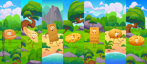 Cartoon bakery bread characters collage. Vector burger bun, chip, cracker and cookie, snacks with happy faces stand in a bright nature scene, creating a playful and friendly food themed adventure