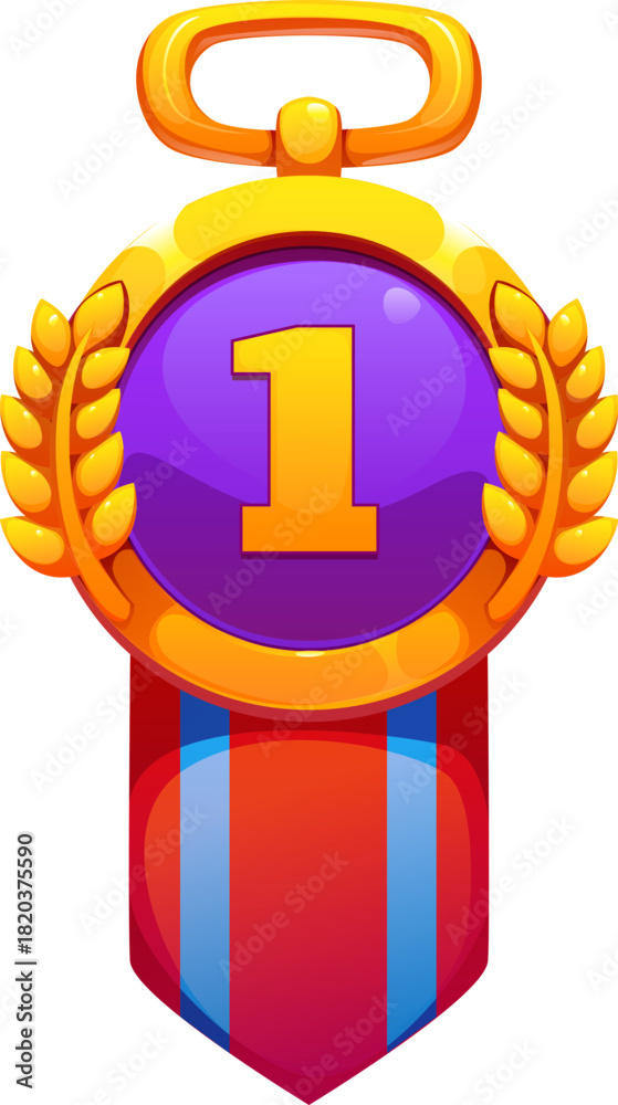Naklejka premium Game medal award icon, victory and achievement trophy with number one, golden laurel wreath and red blue ribbon. Cartoon vector gold rank badge, game asset, representing success or competition victory