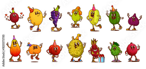 Groovy fruit characters in playful poses, party hats, expressive faces and fun outfits Cartoon vector set of fruits celebrating, joyfully dancing and rejoice, promoting festive and healthy living