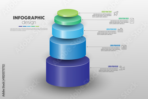 Stacked cylinder infographic timeline presentations and business concept charts with 5 options