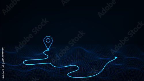 GPS abstract vector pin icon on blue city map with white line connection.