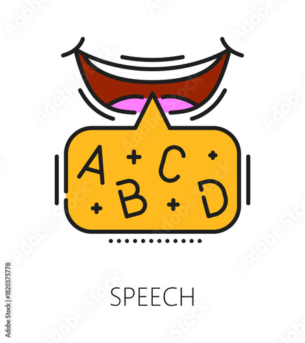 Kids speech and language cognitive ability color line icon or symbol. Child mental capability development vector icon, speech and language cognitive ability outline symbol with mouth telling letters